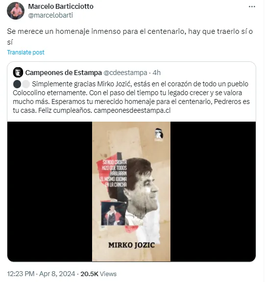 Marcelo Barticciotto quiere un homenaje para Mirko Jozic en el centenario de Colo Colo.