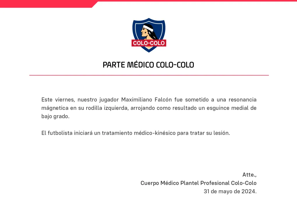 Parte médico de Colo Colo por la lesión de Maximiliano Falcón.