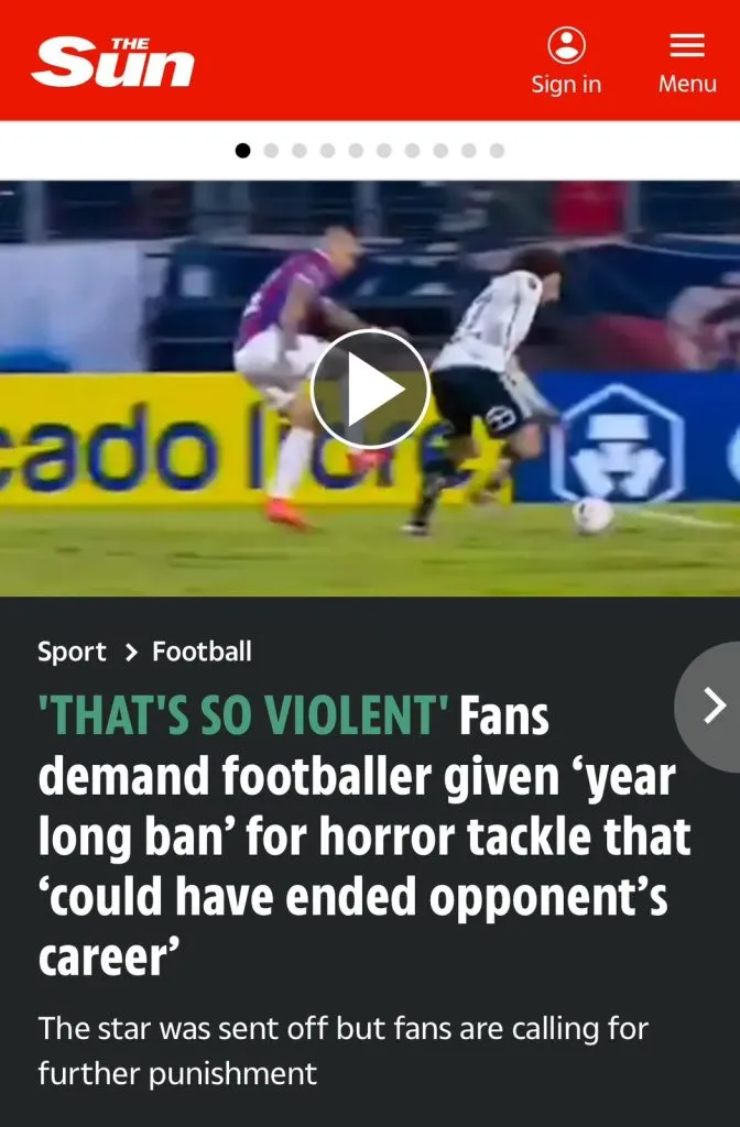 Captura de la nota de The Sun a la infracción que recibió Maximiliano Falcón en Colo Colo vs Cerro Porteño.