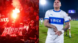 El árbitro del clásico universitario Cristian Garay consignó encendido de bengalas en el sector norte y lanzamiento de objetos a la cancha desde la Tribuna Pacífico a la banca de la UC en el Estadio Nacional. También se mencionaron los vulgares gestos de Nicolás Castillo hacia los hinchas azules. (Foto: Photosport)