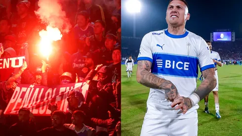 El árbitro del clásico universitario Cristian Garay consignó encendido de bengalas en el sector norte y lanzamiento de objetos a la cancha desde la Tribuna Pacífico a la banca de la UC en el Estadio Nacional. También se mencionaron los vulgares gestos de Nicolás Castillo hacia los hinchas azules. (Foto: Photosport)