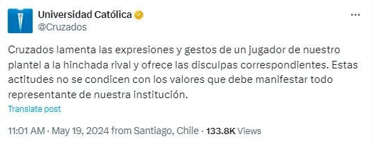 El comunicado de Universidad Católica tras el episodio de Nicolás Castillo.
