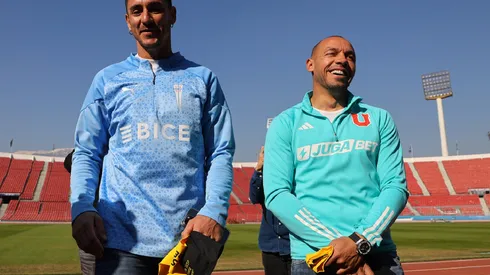 Futbol, Clasico Universitario 198. Los jugadores de Universidad de Chile Marcelo Diaz y Fernando Zampedri de Universidad Catolica hablan con la prensa en el estadio Nacional. Santiago, Chile. 16/04/2024 Marcelo Hernandez/Photosport Football, Universitary classic 198. Players of Universidad de Chile Marcelo Diaz and Fernando Zampedri of Universidad Catolica tralks during the press media at Nacional stadium. Santiago, Chile. 16/04/2024 Marcelo Hernandez/Photosport