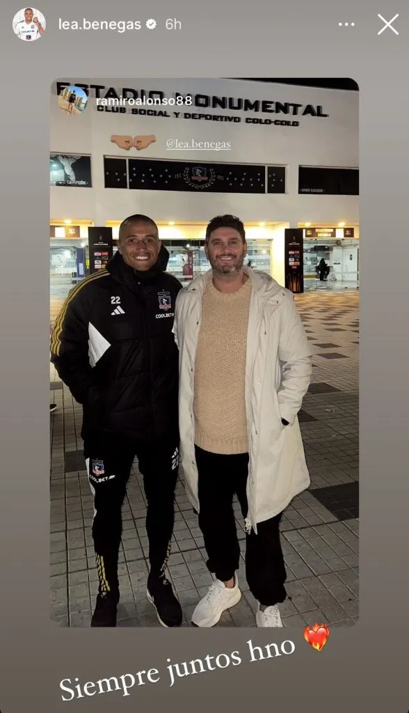 Captura de la historia de Instagram de Leandro Benegas junto a Ramiro Alonso en el Estadio Monumental.
