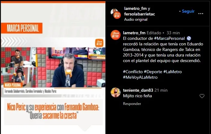 El momento donde Peric contó el suceso que vivió con Gamboa (Captura Instagram @lametro_fm )