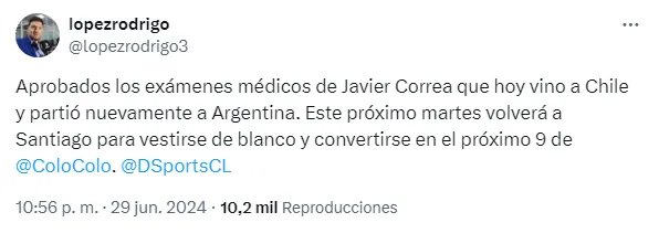Rodrigo López confirma la fecha de llegada de Javier Correa a Colo Colo