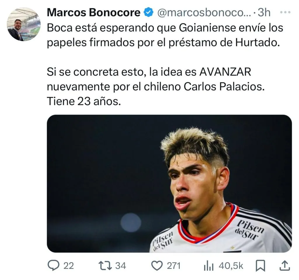 Captura del posteo en X del periodista argentino Marcos Bonocore.