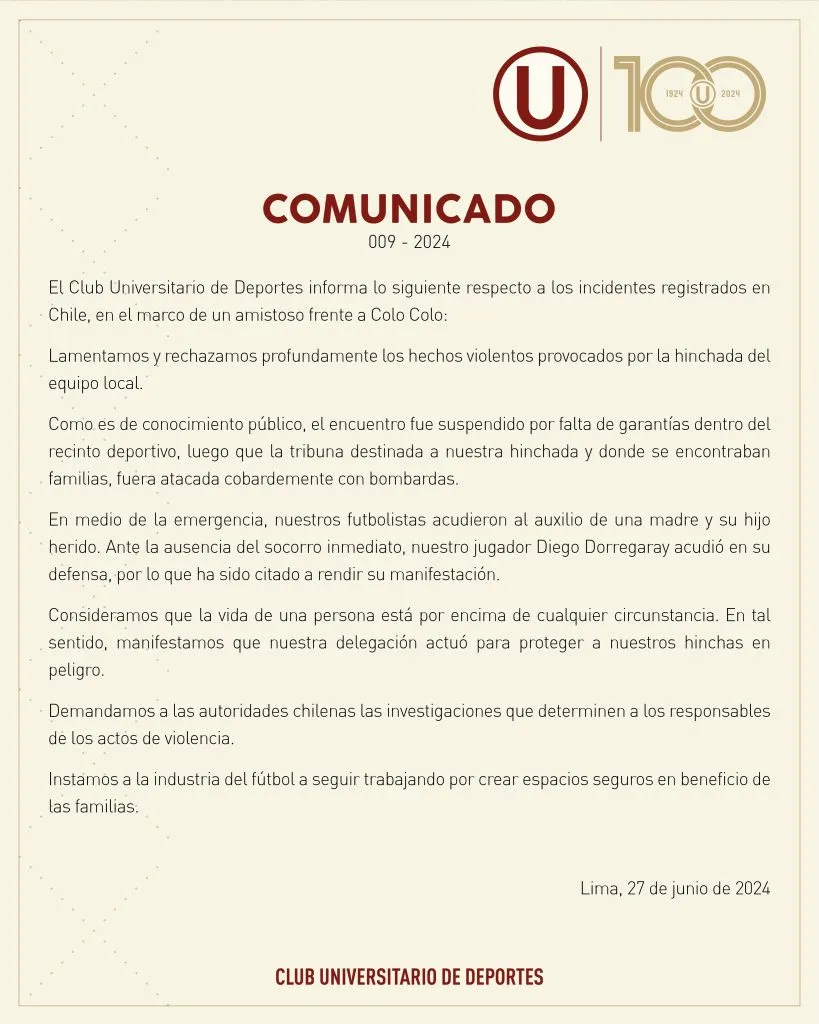 El comunicado de Universitario tras los incidentes en el Monumental.