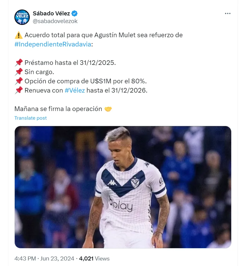 Sábado Vélez reporta que existe acuerdo total para que Agustín Mulet sea refuerzo de Independiente Rivadavia.