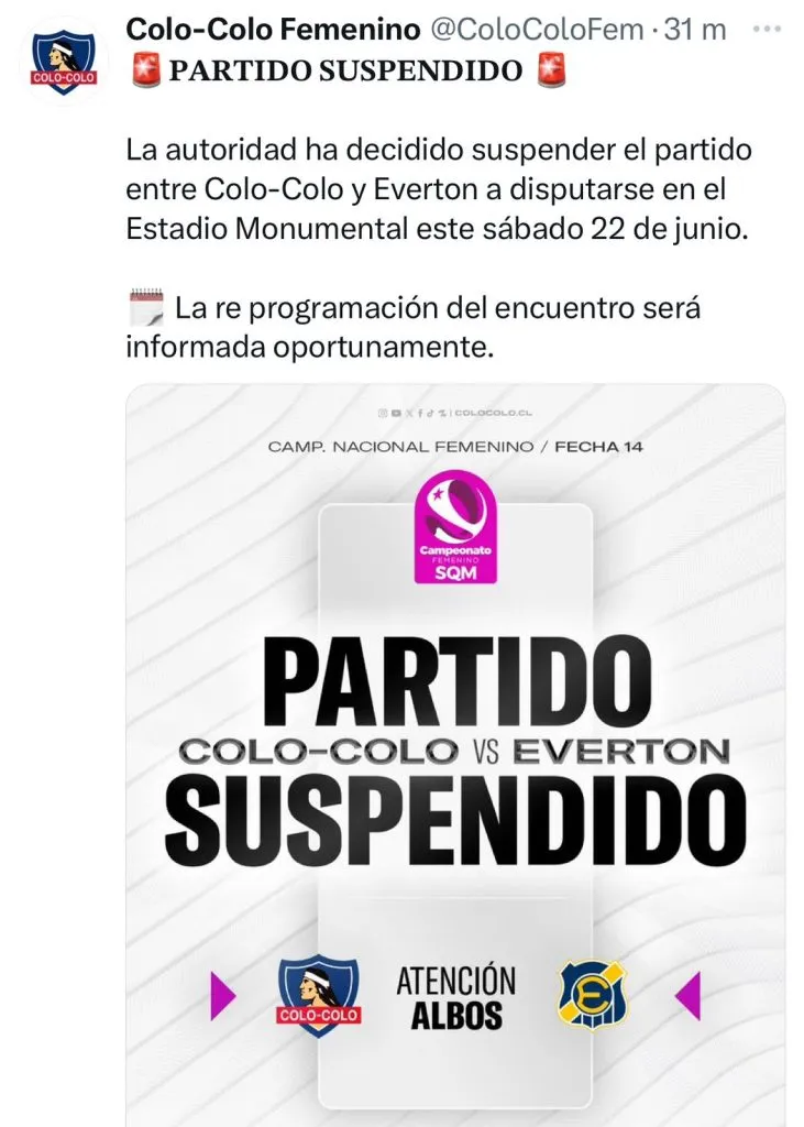 Captura de la publicación en X de Colo Colo Femenino.