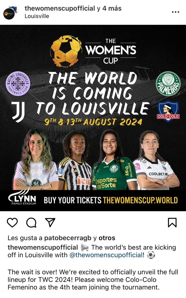 Captura del posteo en Instagram de The Woman’s Cup dándole la bienvenida a Colo Colo Femenino.