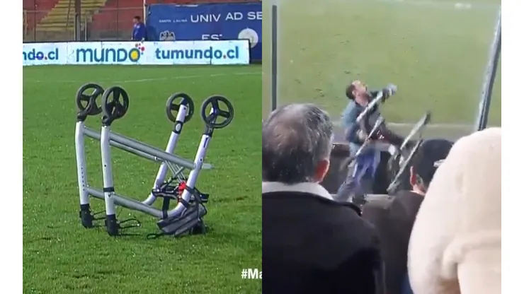 Arrojan un andador al campo de juego de Santa Laura. (Foto: Captura TNT Sports y captura video)