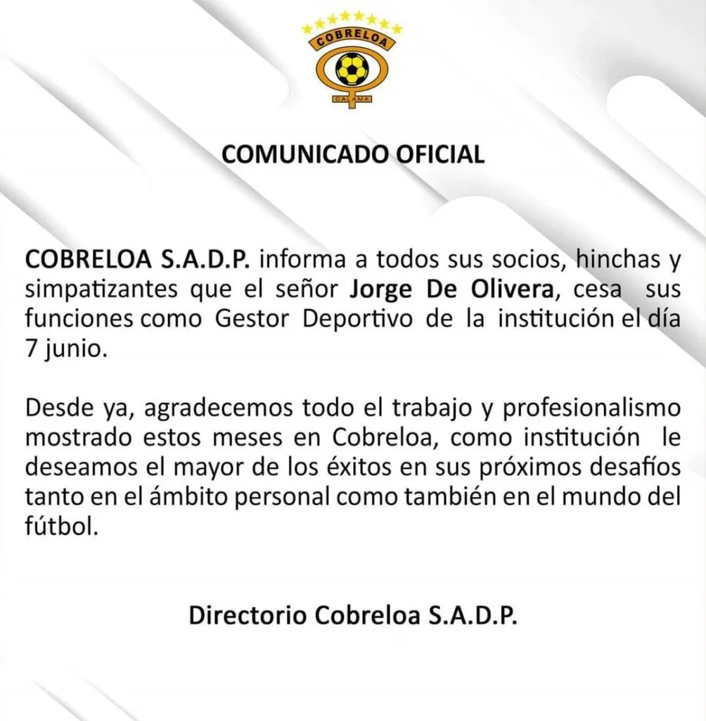 Cobreloa comunica el despido de Jorge De Olivera.