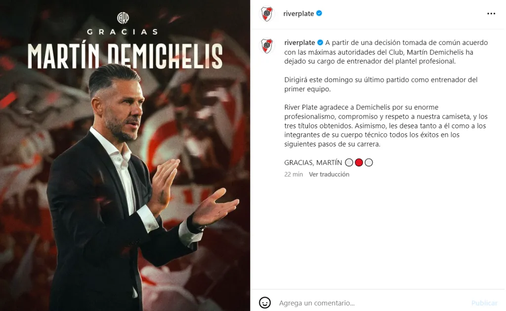 River Plate comunica la salida de Martín Demichelis.