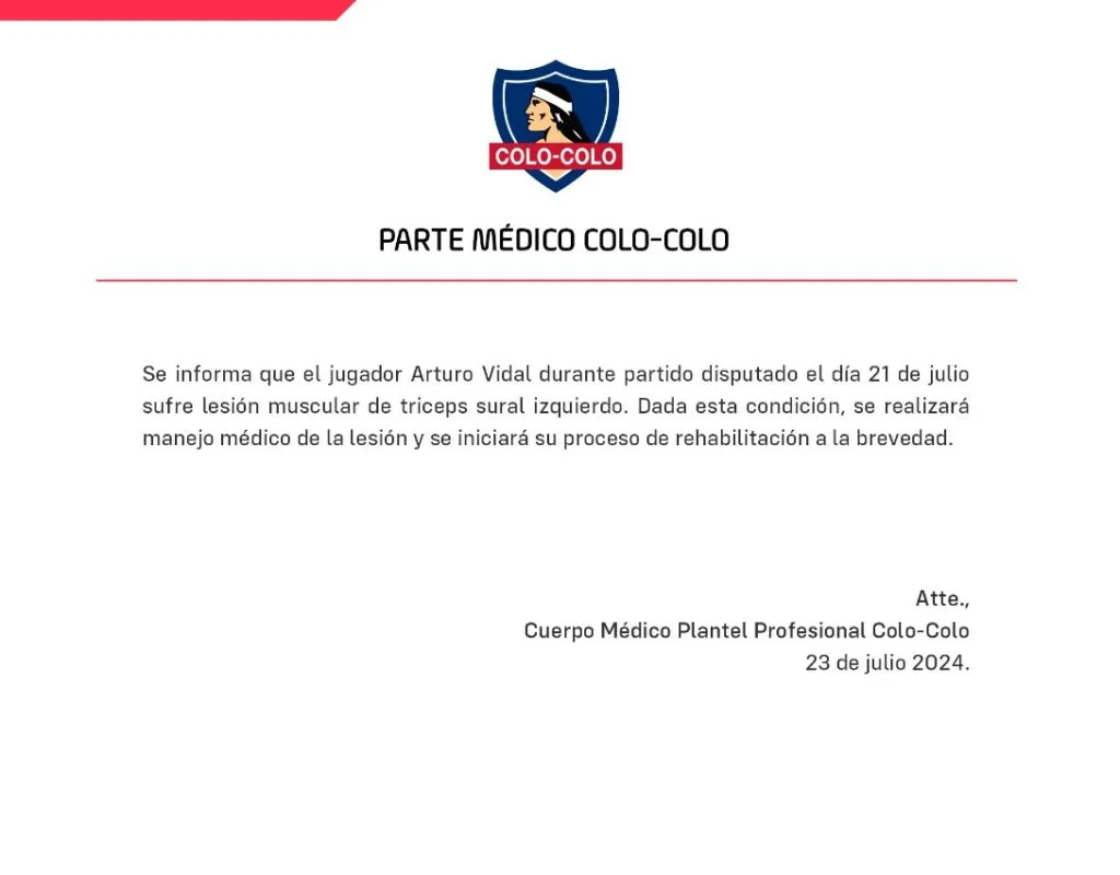 Parte médico de Colo Colo sobre la lesión de Arturo Vidal.