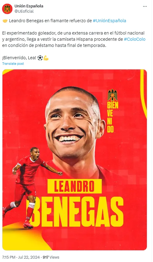Unión Española anuncia el fichaje de Leandro Benegas.