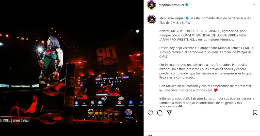 Stephanie Vaquer anuncia su salida de CMLL y NJPW.