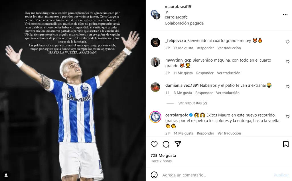 Mauro Brasil dedica emotivas palabras a Cerro Largo de Uruguay.