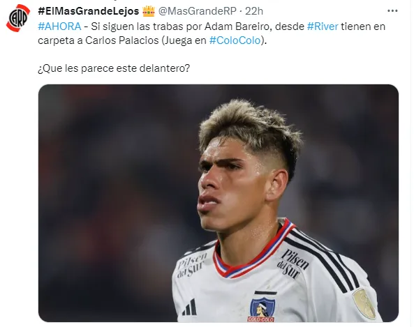 Página partidaria de River Plate afirma que el “Millonario” tiene en carpeta a Carlos Palacios