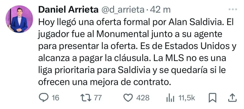 Captura del posteo en X del periodista Daniel Arrieta.