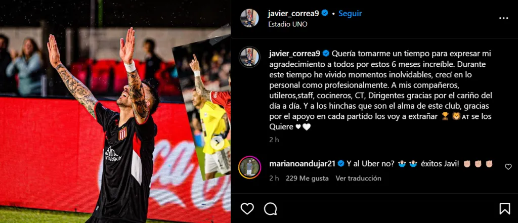 Captura de la publicación de Javier Correa en Instagram.