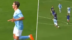 Montes celebrando su primer gol en Europa.