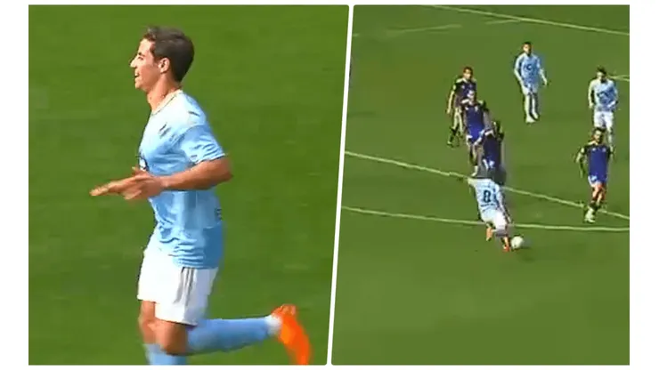 Montes celebrando su primer gol en Europa.