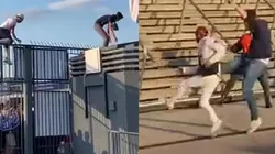 A patadas los guardias de seguridad intentan sacar a los hinchas que ingresan sin entradas.