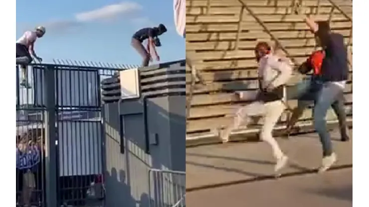 A patadas los guardias de seguridad intentan sacar a los hinchas que ingresan sin entradas.