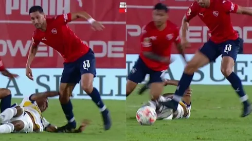 Juan Manuel Insaurralde pisa dos veces a Sebastián Villa de Boca Juniors