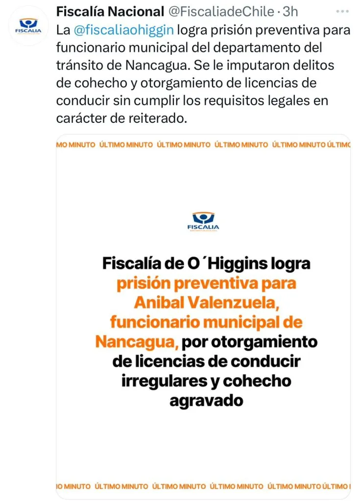 Captura de la publicación en X de la Fiscalía de Chile.