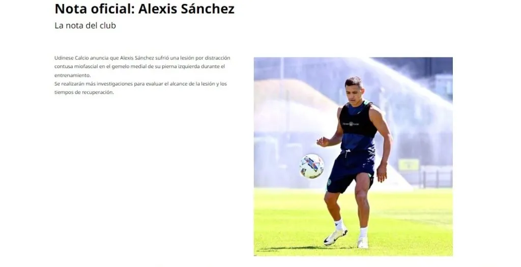 El parte médico del Niño Maravilla (Captura sitio Udinese)