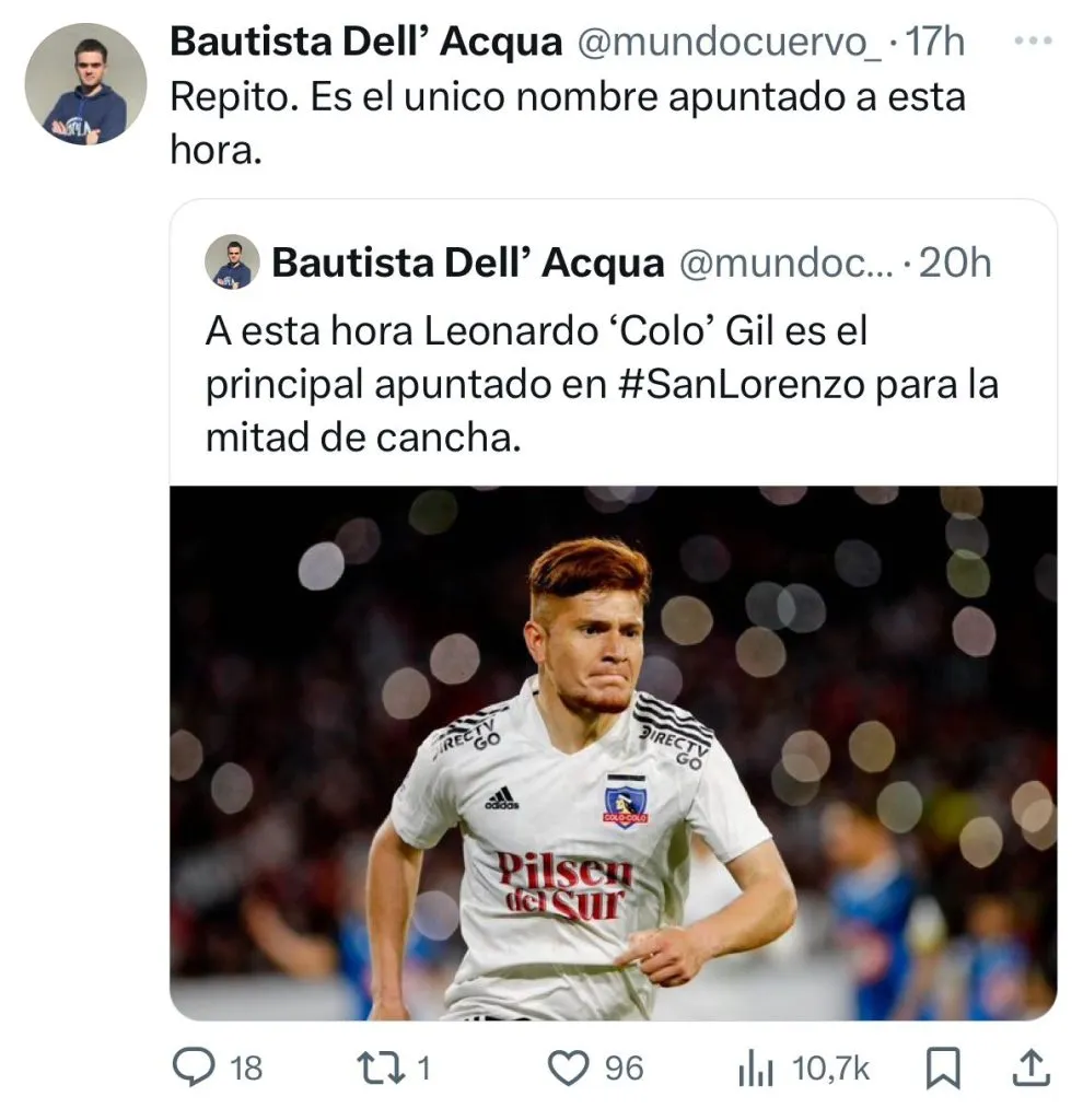 Captura de la publicación de Bautista Dell’Acqua en X (ex Twitter).