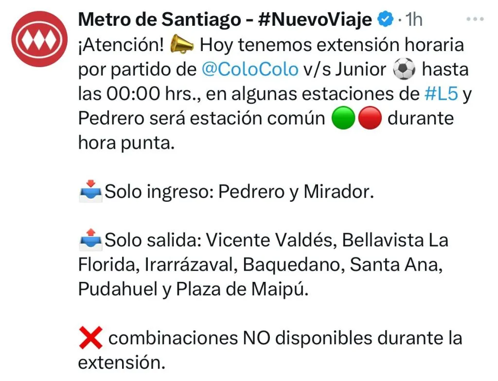 Capura de la publicación de Metro de Santiago en X (ex Twitter).