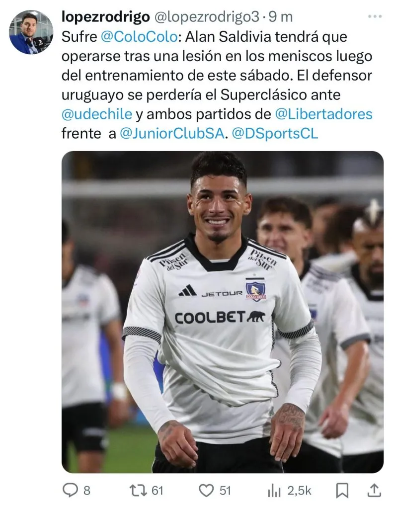 Captura de la publicación del periodista Rodrigo López en X.