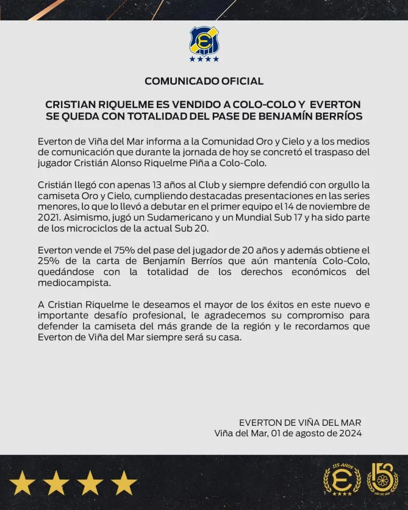 Comunicado de Everton sobre el traspaso de Cristián Riquelme a Colo Colo.