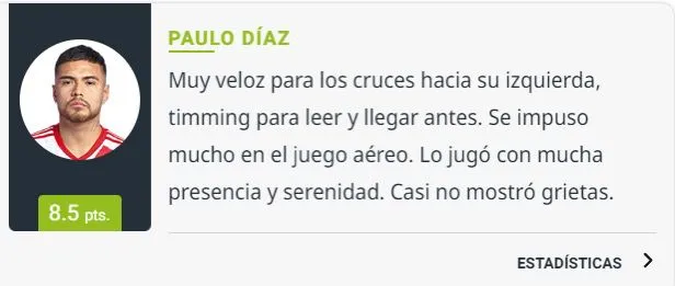El Diario Olé calificó con nota 8.5 a Paulo Díaz.