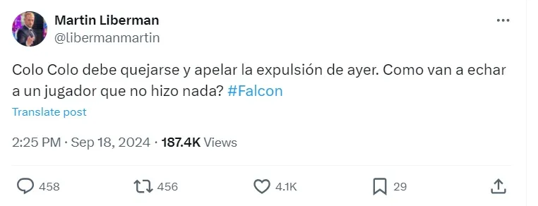 Martín Liberman asegura que Maximiliano Falcón “no hizo nada” para ser expulsado. (Foto: Photosport)