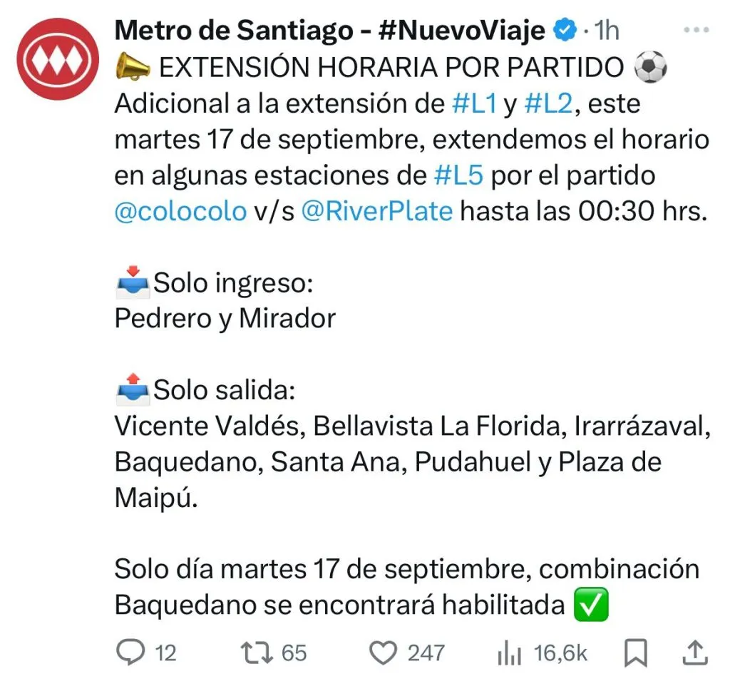 Publicación del Metro de Santiago en X (ex Twitter).