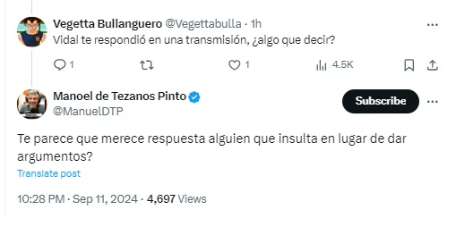 Manuel de Tezanos responde a un usuario de X que le pregunta por lo que dijo Arturo Vidal