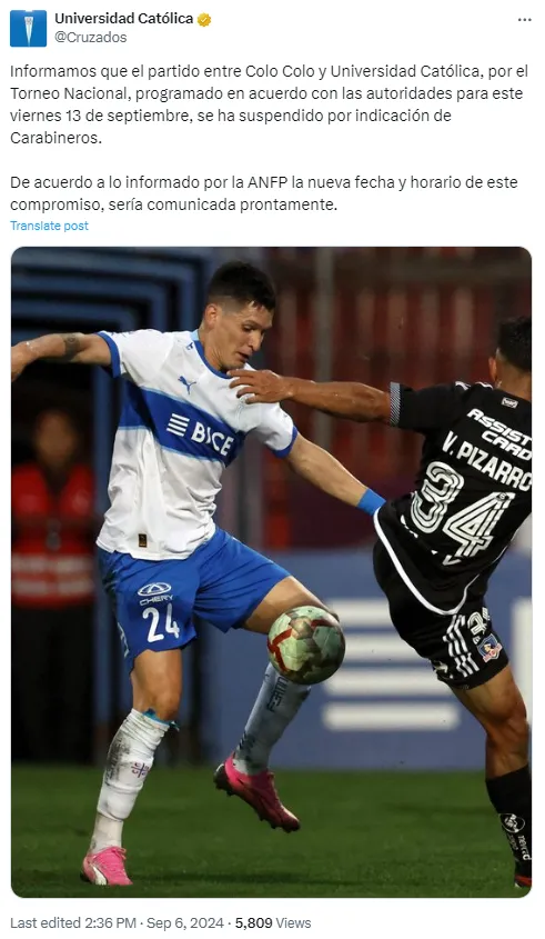 Cruzados informa la suspensión del partido entre Universidad Católica y Colo Colo.