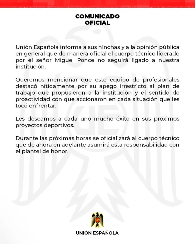 El comunicado de Unión Española para comunicar la salida de Miguel Ponce. (Foto: Unión Española)