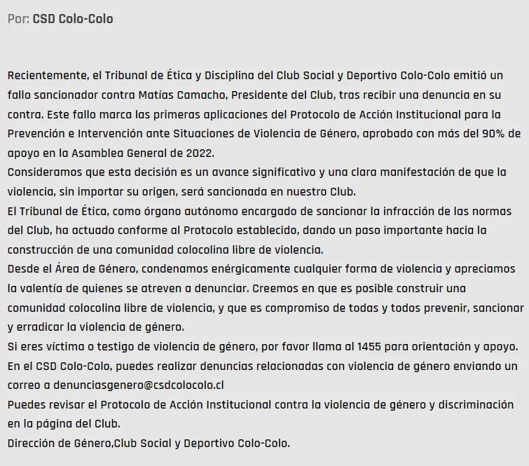 El comunicado emitido por el CSD Colo Colo tras la resolución del Tribunal de Ética y Disciplina del club