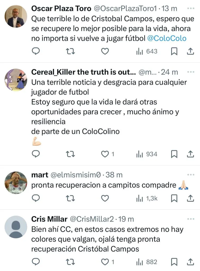 Captura de las reacciones de los hinchas de Colo Colo por el accidente de Cristóbal Campos.