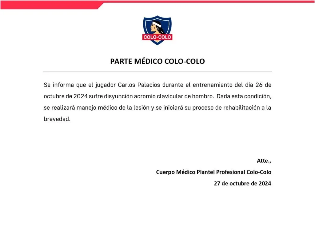 El Cuerpo Médico de Colo Colo emite parte médico por la lesión de Carlos Palacios.