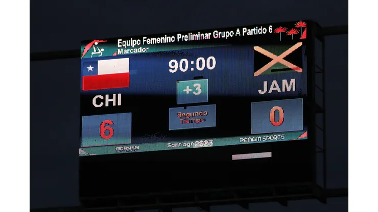 VALPARAISO, CHILE Ð OCT 28: El marcador electrnico del estadio, muestra el resultado final del partido, con triunfo para Chile 6×0 ante Jamaica durante el partido del grupo A del futbol femenino en los Juegos Panamericanos Santiago 2023 en el Estadio Elias Figueroa el 28 de octubre en Valparaiso, Chile./The stadium s electronic scoreboard shows the final result of the match, with Chile winning 6×0 against Jamaica during the womens group A football match at the Santiago 2023 Pan American Games at Elas Figueroa Stadium on October 28 in Valparaiso, Chile. Foto de Manuel Lema O/Santiago 2023 va Photosport Dia 9, Futbol Femenino, Chile vs Jamaica / Day 9, Women s soccer, Chile vs Jamaica