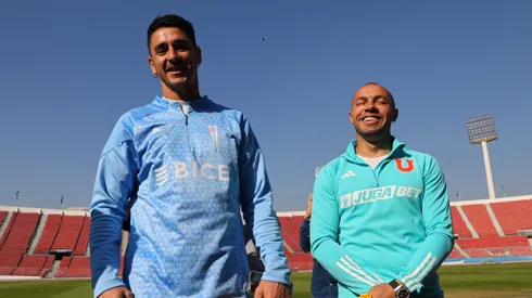 Futbol, Clasico Universitario 198. Los jugadores de Universidad de Chile Marcelo Diaz y Fernando Zampedri de Universidad Catolica hablan con la prensa en el estadio Nacional. Santiago, Chile. 16/04/2024 Marcelo Hernandez/Photosport Football, Universitary classic 198. Players of Universidad de Chile Marcelo Diaz and Fernando Zampedri of Universidad Catolica tralks during the press media at Nacional stadium. Santiago, Chile. 16/04/2024 Marcelo Hernandez/Photosport