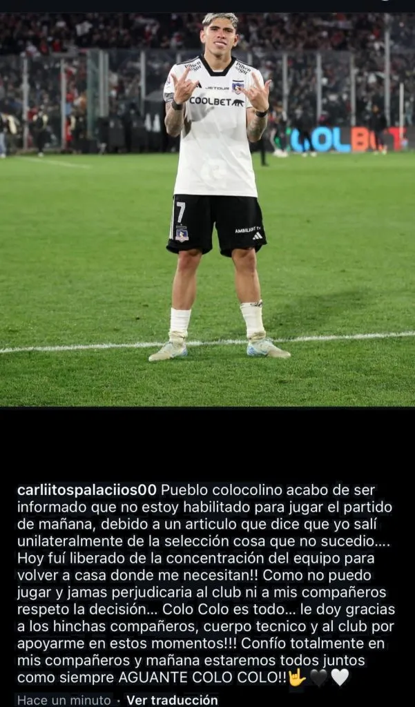 Carlos Palacios informa que no podrá jugar ante Unión La Calera.