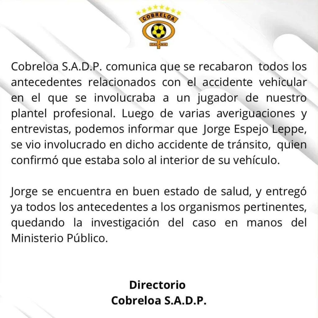 Cobreloa emite un comunicado tras el accidente de tránsito de Jorge Espejo.