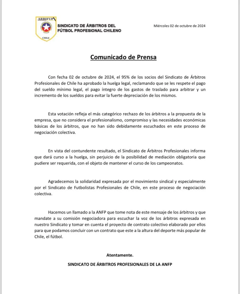 El comunicado de prensa el Sindicato de Árbitros del fútbol chileno.